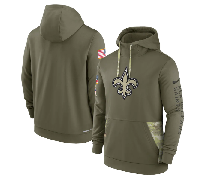 Men's New Orleans Saints 2022 Olive Salute to Service Therma Performance Pullover Hoodie Men's New Orleans Saints 2022 Olive Salute to Service Therma Performance Pullover Hoodie